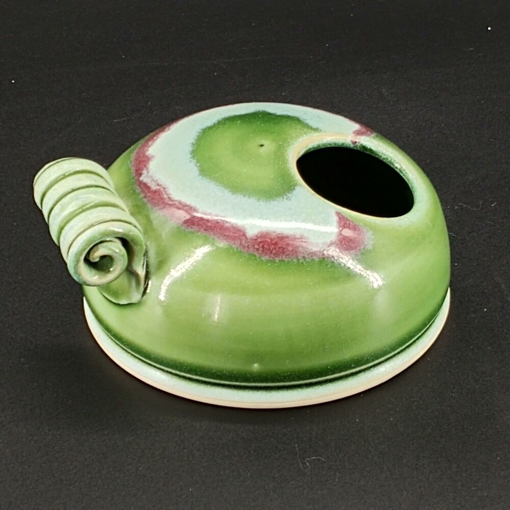 Studio‎ Pottery Vase Planter Metal Frog Green Purple Glaze Curled Handle Signed